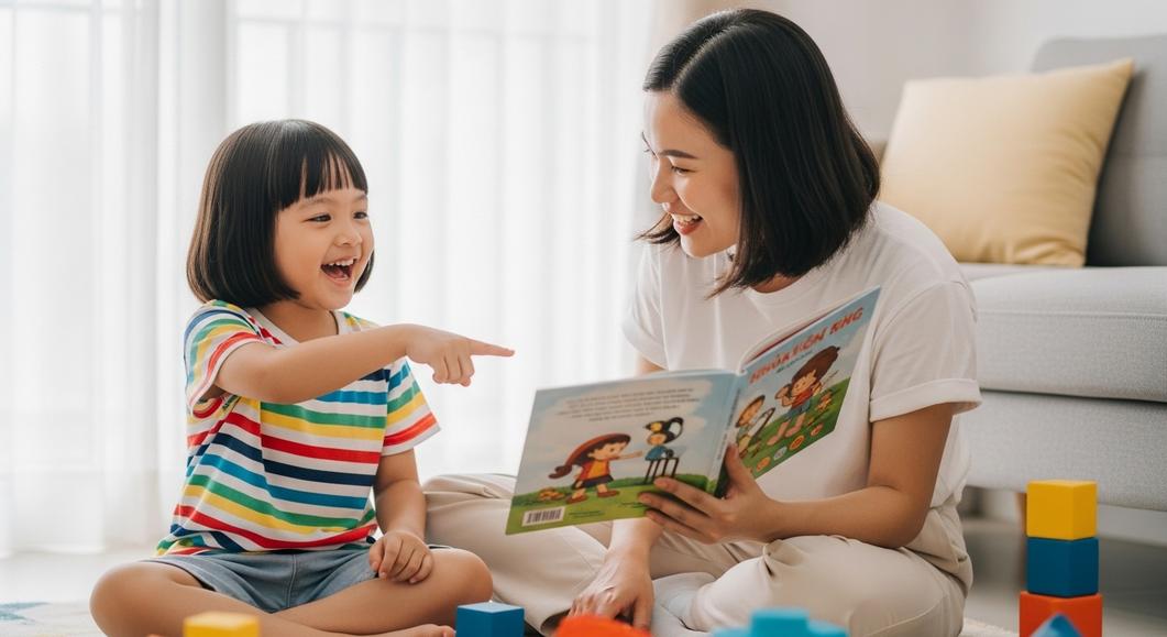 Mẹ và bé gái 4 tuổi cùng đọc sách tiếng Anh vui vẻ