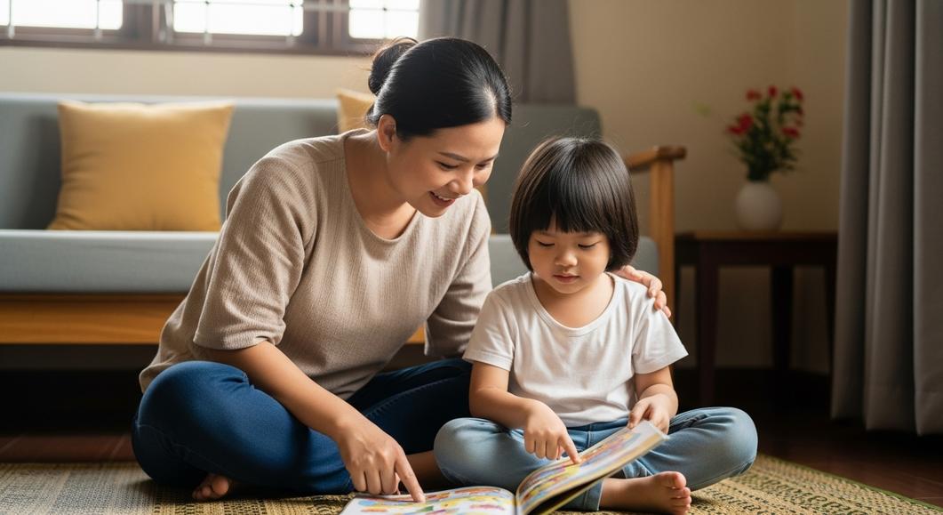 Mẹ và bé gái cùng đọc sách tiếng Anh tại nhà.