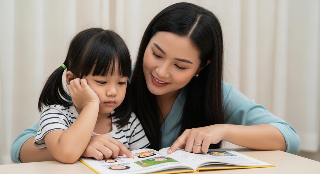 Mẹ và bé gái cùng học tiếng Anh tại nhà.