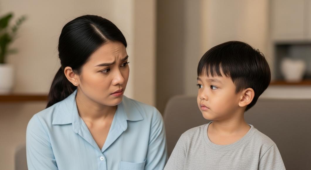 Mẹ và bé trai cùng biểu cảm lo lắng, băn khoăn
