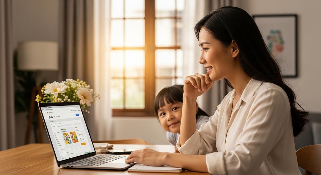 Mẹ và bé cùng xem thông tin lệ phí thi Cambridge trên laptop