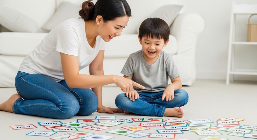 Mẹ và bé học tiếng Anh tại nhà bằng flashcards vui vẻ.