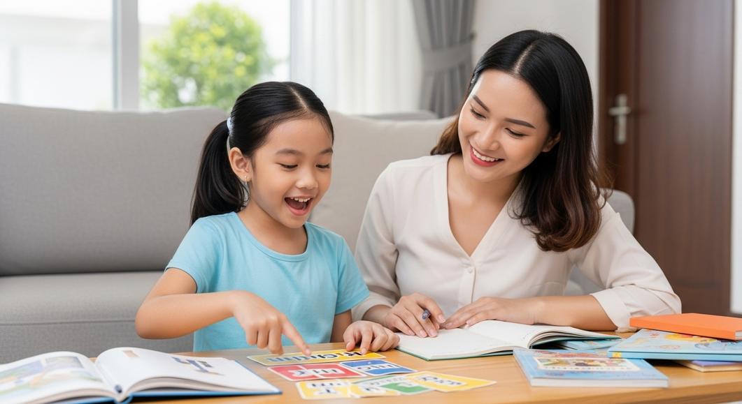 Mẹ và bé gái học từ vựng Flyers tại nhà, vui vẻ