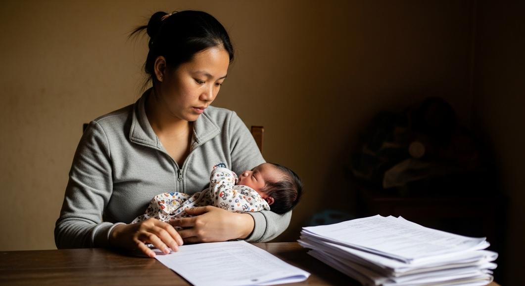 Mẹ bế con trên tay cạnh chồng giấy tờ làm giấy khai sinh.