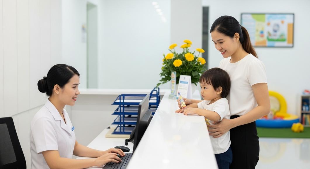 Mẹ và bé tại quầy lễ tân phòng khám nhi, nhân viên tư vấn.