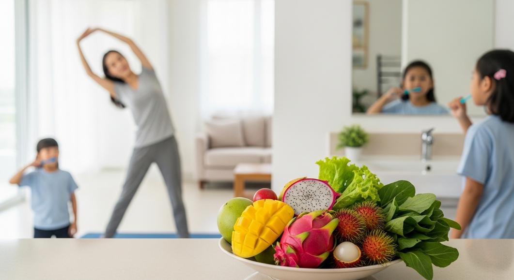Mẹ và bé tập thể dục, ăn uống lành mạnh phòng ngừa ung thư vòm họng
