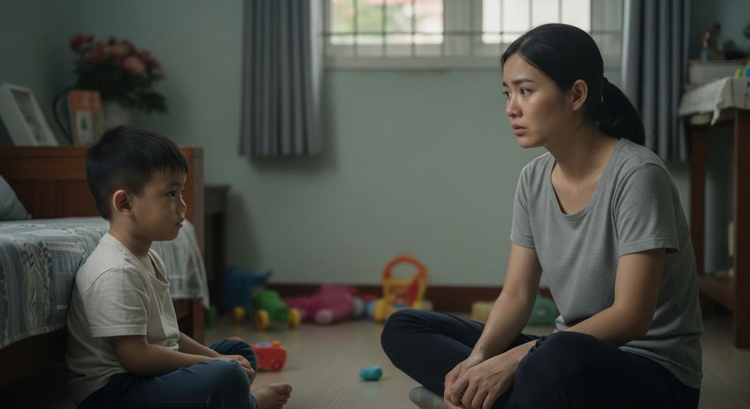 Mẹ và bé trai ngồi trên sàn nhà nói chuyện trong phòng.