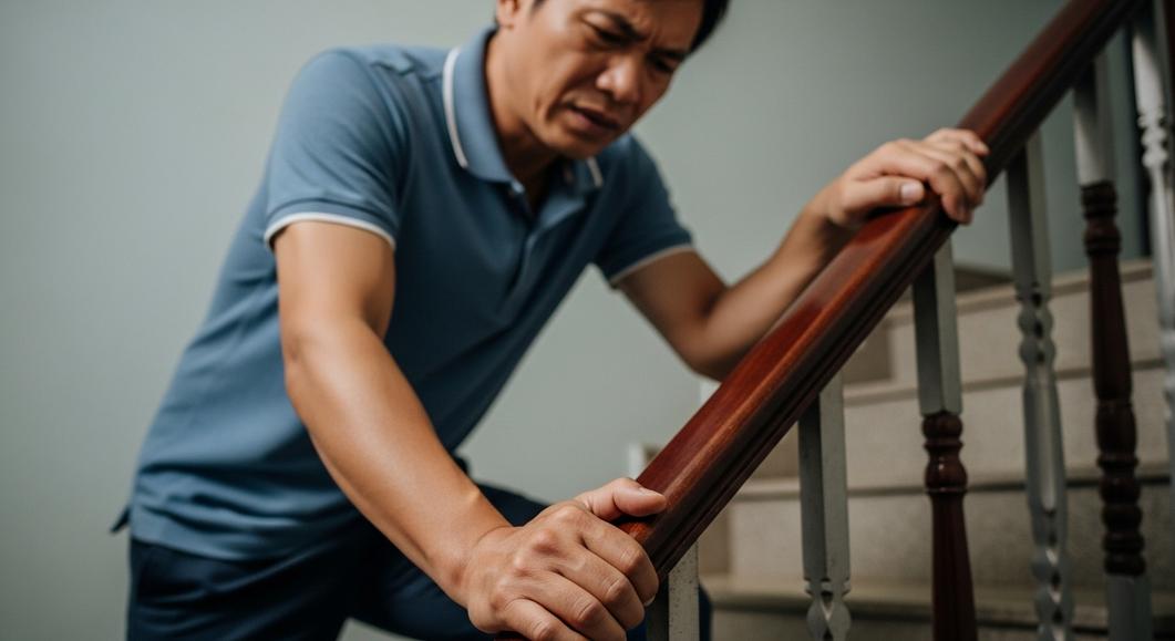 Người đàn ông châu Á đau đớn vịn cầu thang khi di chuyển.