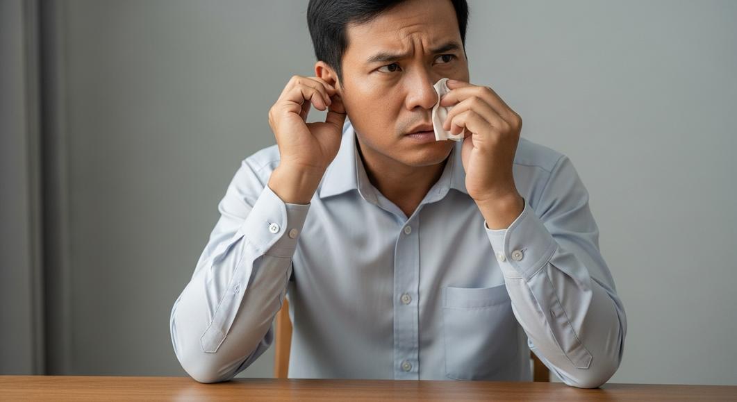 Người đàn ông châu Á ngạt mũi, bị ù tai một bên, khó chịu.