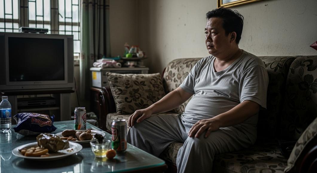 Người đàn ông trung niên ngồi một mình trên диван với vẻ u sầu.