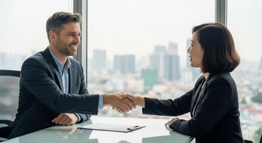 Người nước ngoài bắt tay chúc mừng nhận chứng chỉ hành nghề dược.