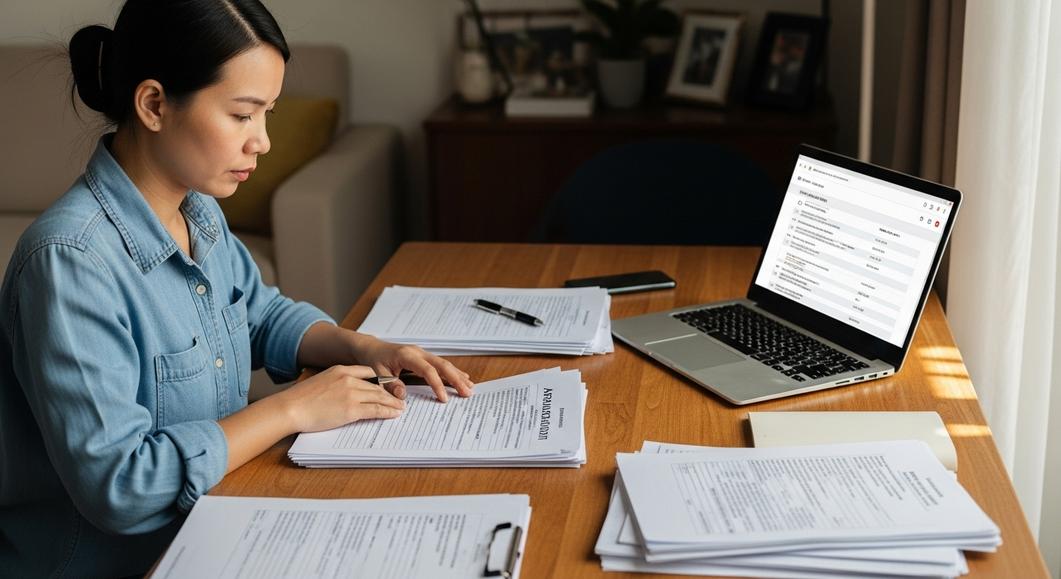Người phụ nữ châu Á điền đơn đăng ký thi chứng chỉ Cambridge tại nhà.