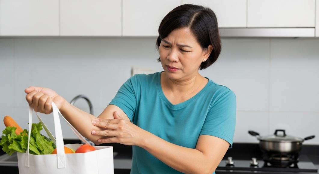 Người phụ nữ đau khuỷu tay khi mang túi rau trong bếp