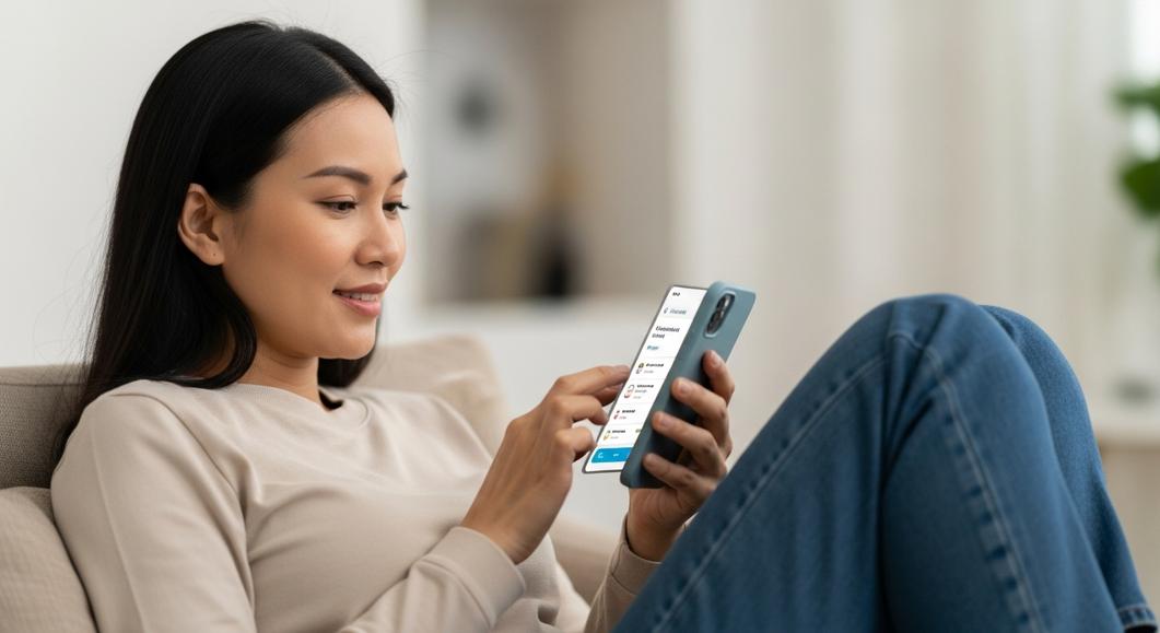 Người phụ nữ dùng phần mềm quản lý phòng khám nhi trên điện thoại