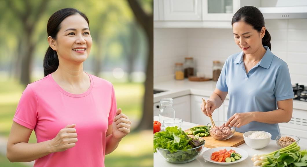 Phụ nữ trung niên tập thể dục và chuẩn bị bữa ăn lành mạnh cho bệnh tiểu đường.