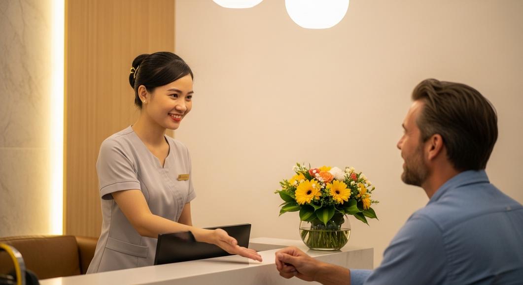Nhân viên lễ tân spa tươi cười chào đón khách hàng nước ngoài