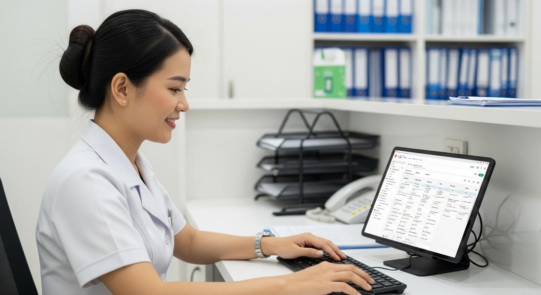 Nhân viên phòng khám sử dụng phần mềm quản lý trên máy tính.