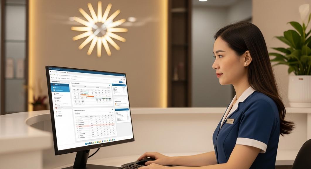 Nhân viên phòng khám tư dùng phần mềm quản lý trên máy tính