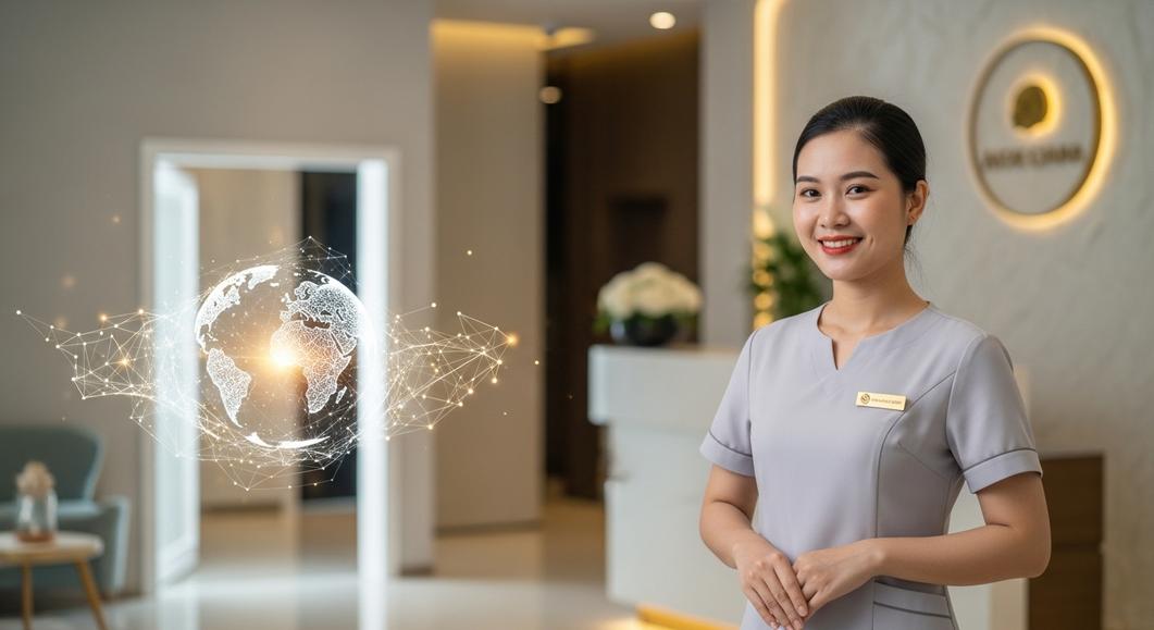 Nhân viên spa tươi cười chào đón khách quốc tế, giao tiếp toàn cầu
