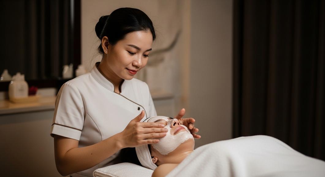 Nhân viên spa chăm sóc da mặt cho khách hàng chuyên nghiệp
