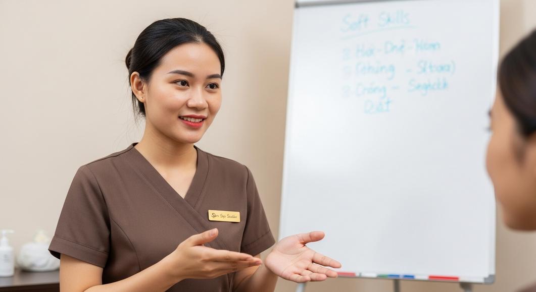 Nhân viên spa tư vấn cho khách hàng về các kỹ năng mềm