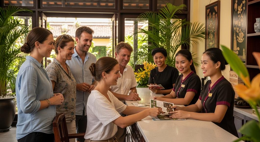 Nhân viên spa tư vấn dịch vụ cho khách hàng quốc tế