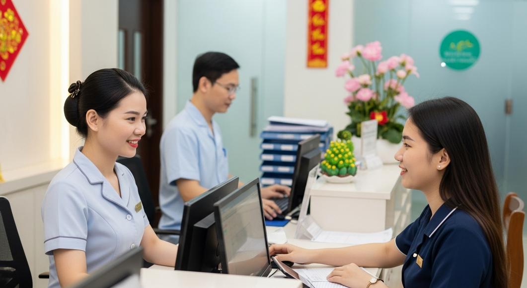 Nhân viên tư vấn và lễ tân tại quầy lễ tân phòng khám