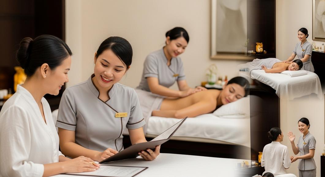 Nhân viên tư vấn và khách hàng trao đổi tại spa sang trọng.