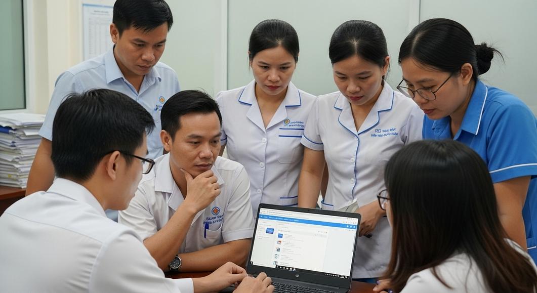 Nhân viên y tế đánh giá phần mềm quản lý phòng khám.