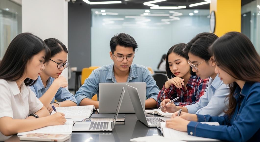 Nhóm học sinh VAIC ôn luyện thi chứng chỉ Cambridge 2025.