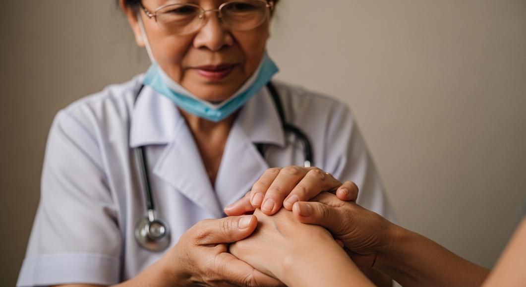 Nữ bác sĩ ân cần nắm tay, động viên bệnh nhân trong bệnh viện.