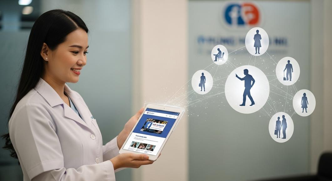 Nữ bác sĩ dùng iPad hiển thị giao diện Fanpage phòng khám