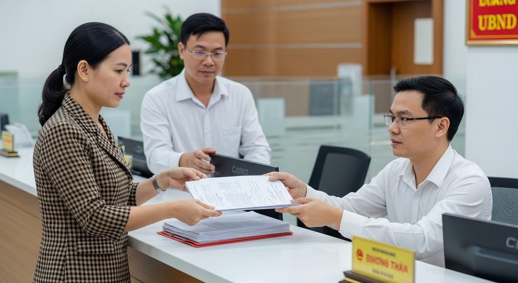 Người phụ nữ làm thủ tục giấy tờ tại cơ quan hành chính.