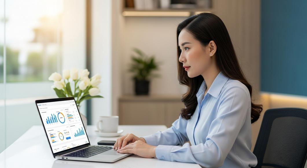 Nữ nhân viên phân tích dữ liệu trên phần mềm quản lý phòng khám.