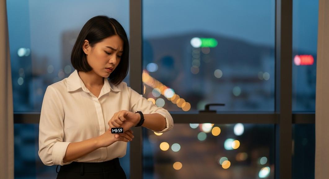 Người phụ nữ xem đồng hồ tại phòng khám đa khoa ngoài giờ