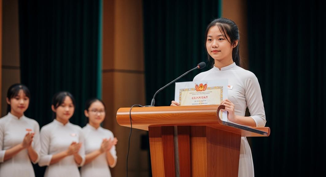 Nữ sinh áo dài trắng nhận chứng chỉ Cambridge trên bục