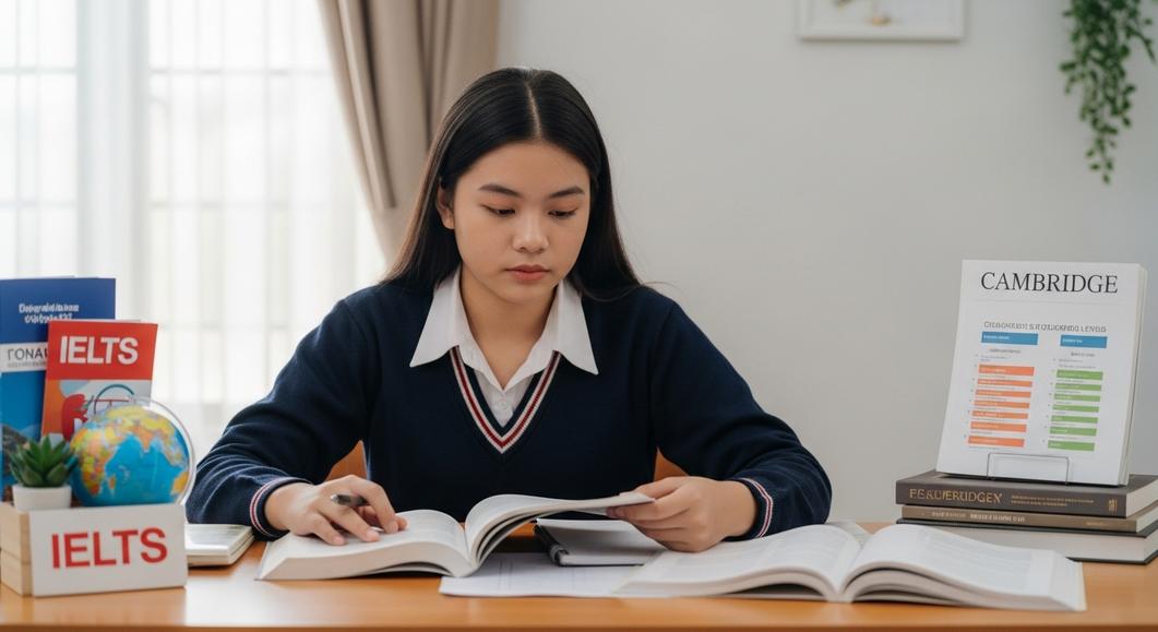 Nữ sinh châu Á tập trung học IELTS và Cambridge tại bàn