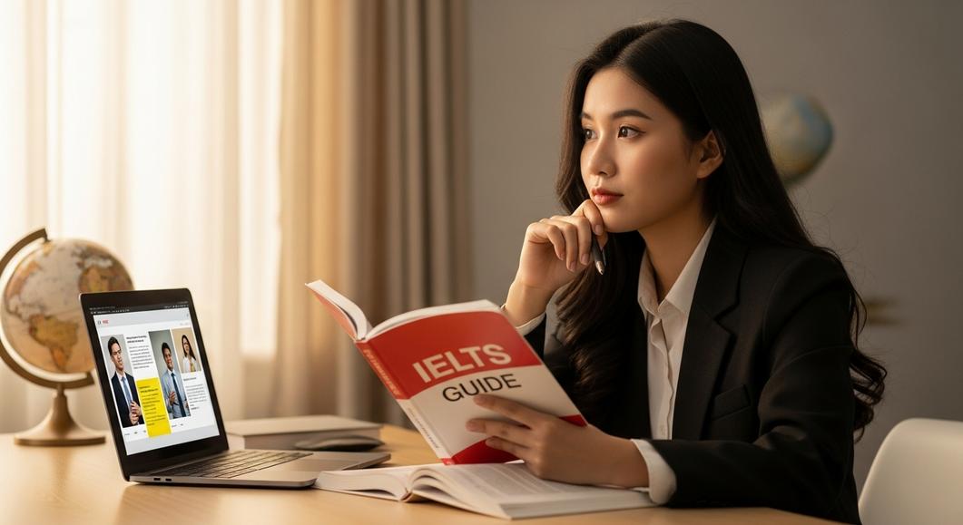 Nữ sinh đọc sách IELTS Guide và xem laptop tại bàn học.