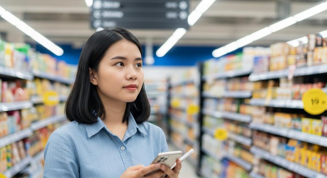 Nữ sinh dùng điện thoại tìm kiếm sản phẩm trong siêu thị