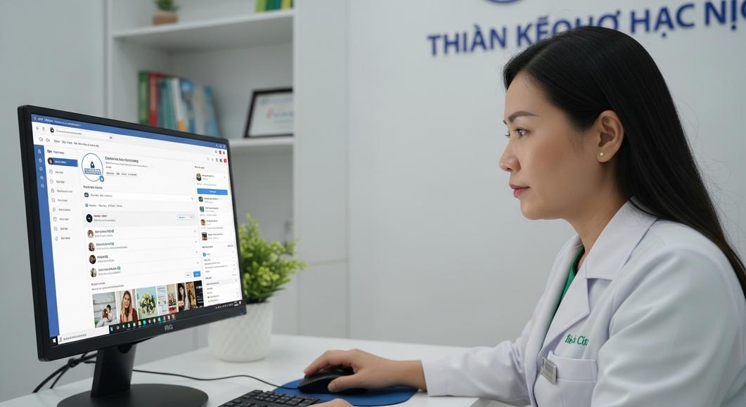 Nữ y sĩ tạo fanpage phòng khám trên máy tính