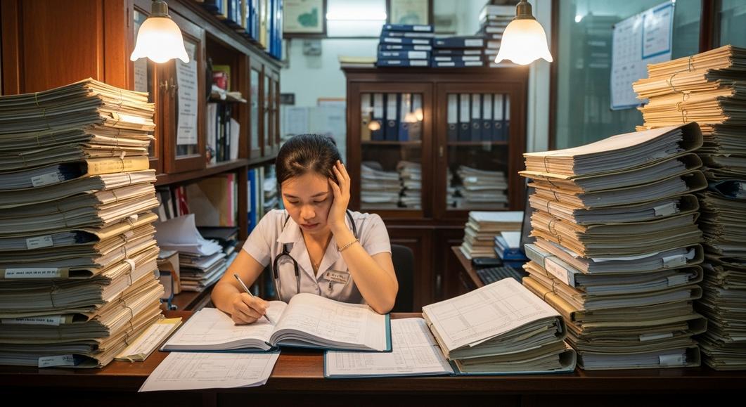 Nữ y tá ghi chép sổ sách, bệnh án giấy tại bàn làm việc