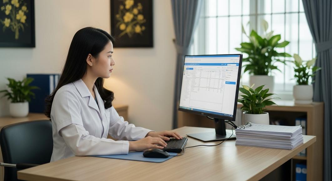Nữ y tá làm việc trên máy tính với phần mềm EMR/EHR/PHR.