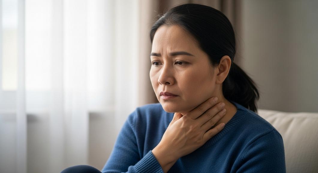Người phụ nữ trung niên đau họng, nghi ngờ dấu hiệu ung thư vòm họng.