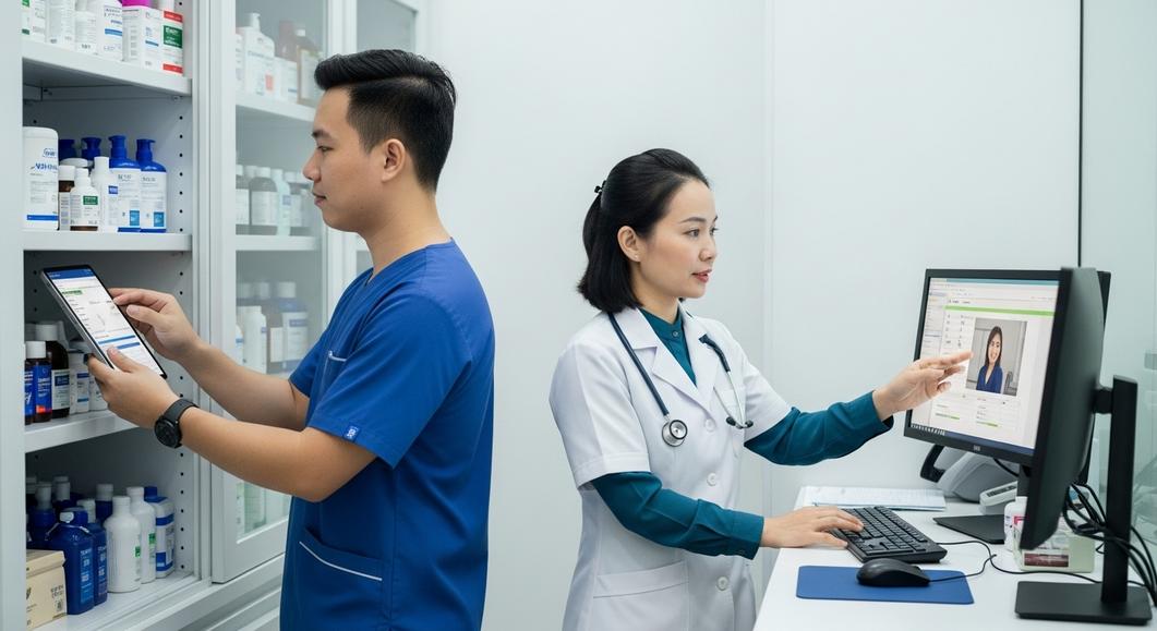 Nhân viên y tế quản lý thuốc và hồ sơ bệnh nhân bằng phần mềm.