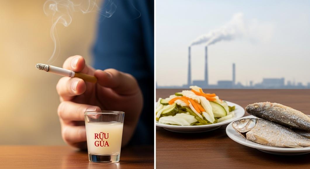 Rượu, thuốc lá, cá muối và môi trường ô nhiễm, các tác nhân gây ung thư.
