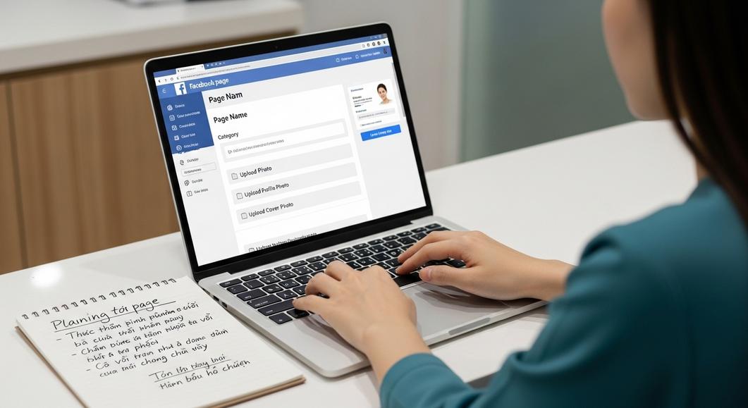 Người tạo fanpage phòng khám trên laptop, giao diện Facebook.