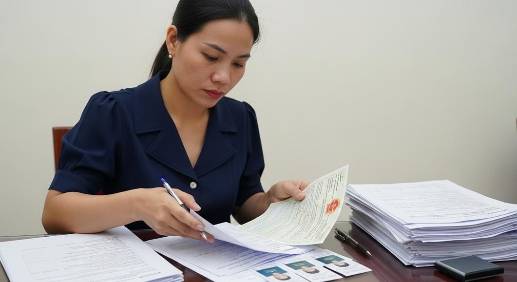 Người phụ nữ xem xét hồ sơ đăng ký thi Flyers