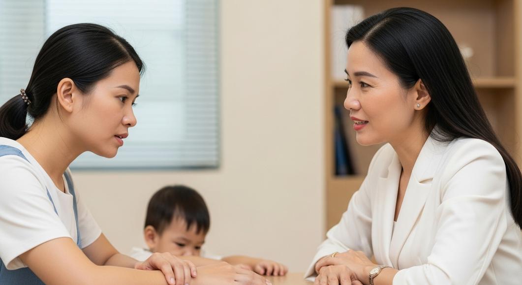 Mẹ và chuyên gia tư vấn về vấn đề chậm nói của trẻ