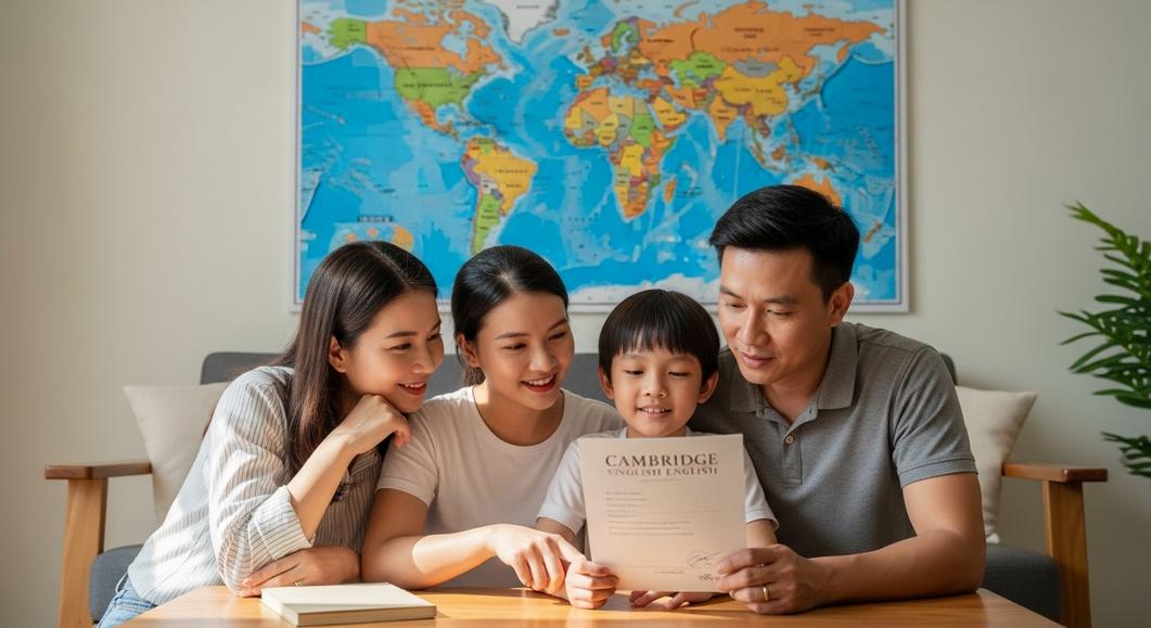 Gia đình Việt Nam vui mừng xem chứng chỉ Cambridge của con.