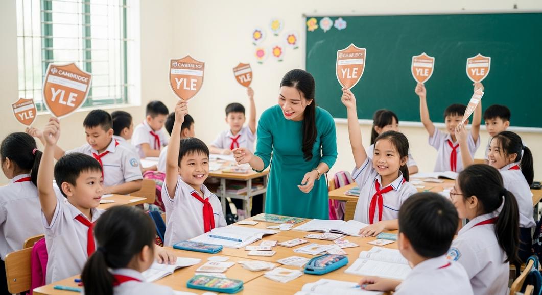 Lớp học Cambridge YLE: cô giáo và các em học sinh vui vẻ.
